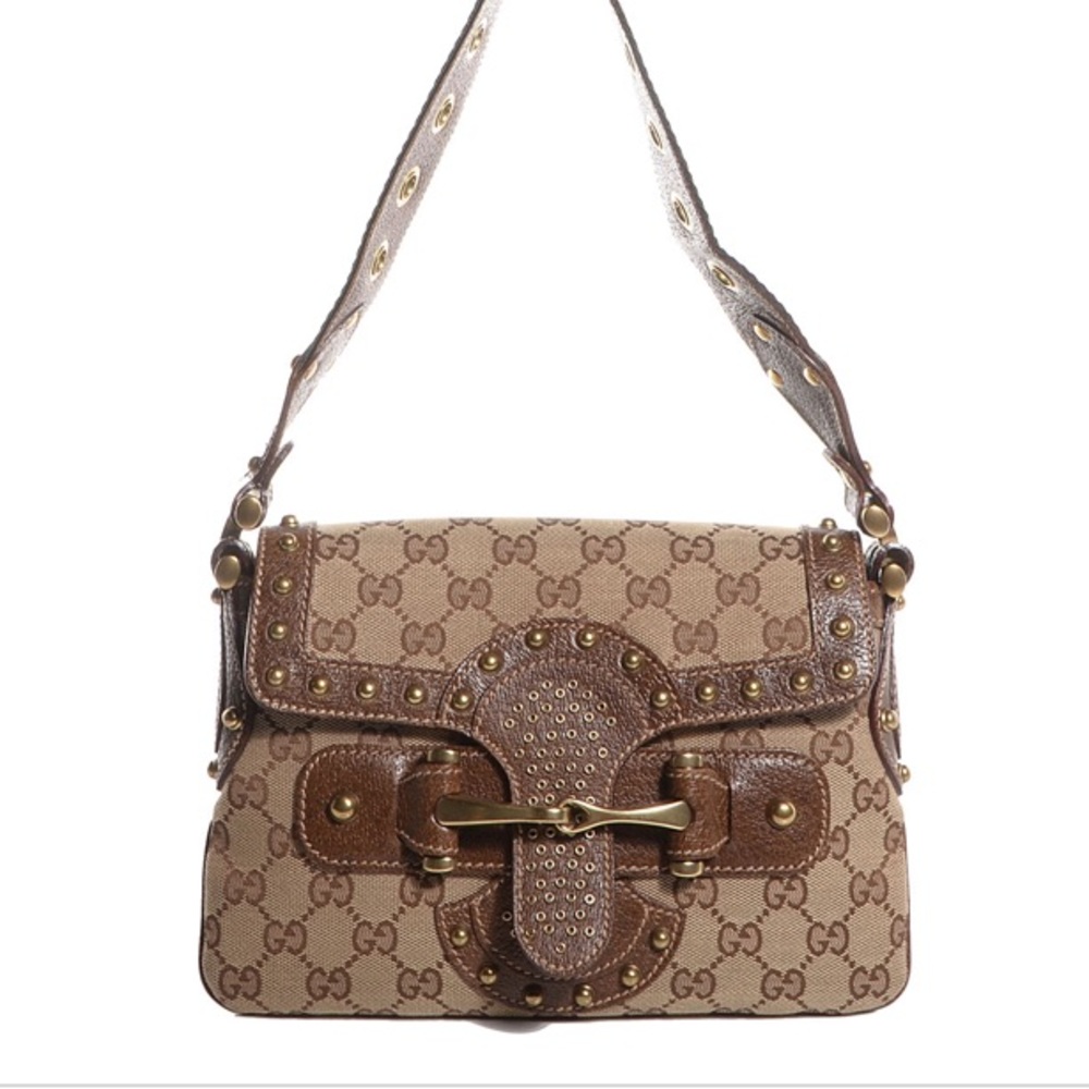 Authentic Gucci Monogram Studded Pelham Flap bag